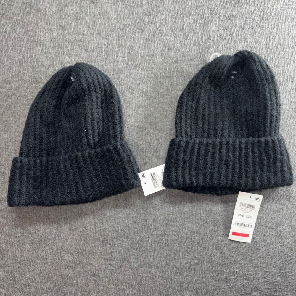 Style & Co Black Ribbed Knit Beanie Hat Set of 2 SC15420101 One Size NWT